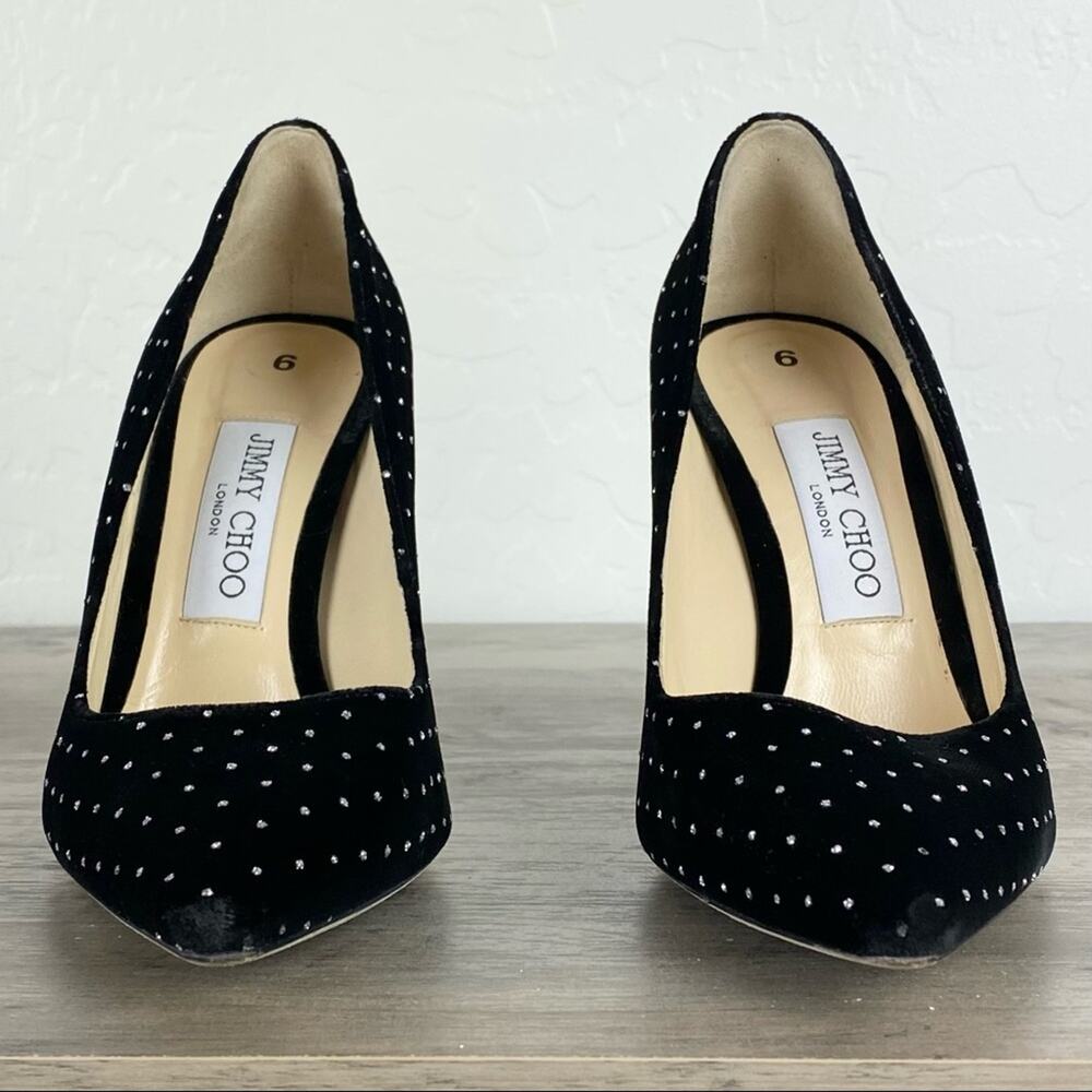 Jimmy Choo Romy 100 Silver Glitter Spotted BlackVelvet Pointy Toe Pumps Sz 6.5 - Picture 10 of 14